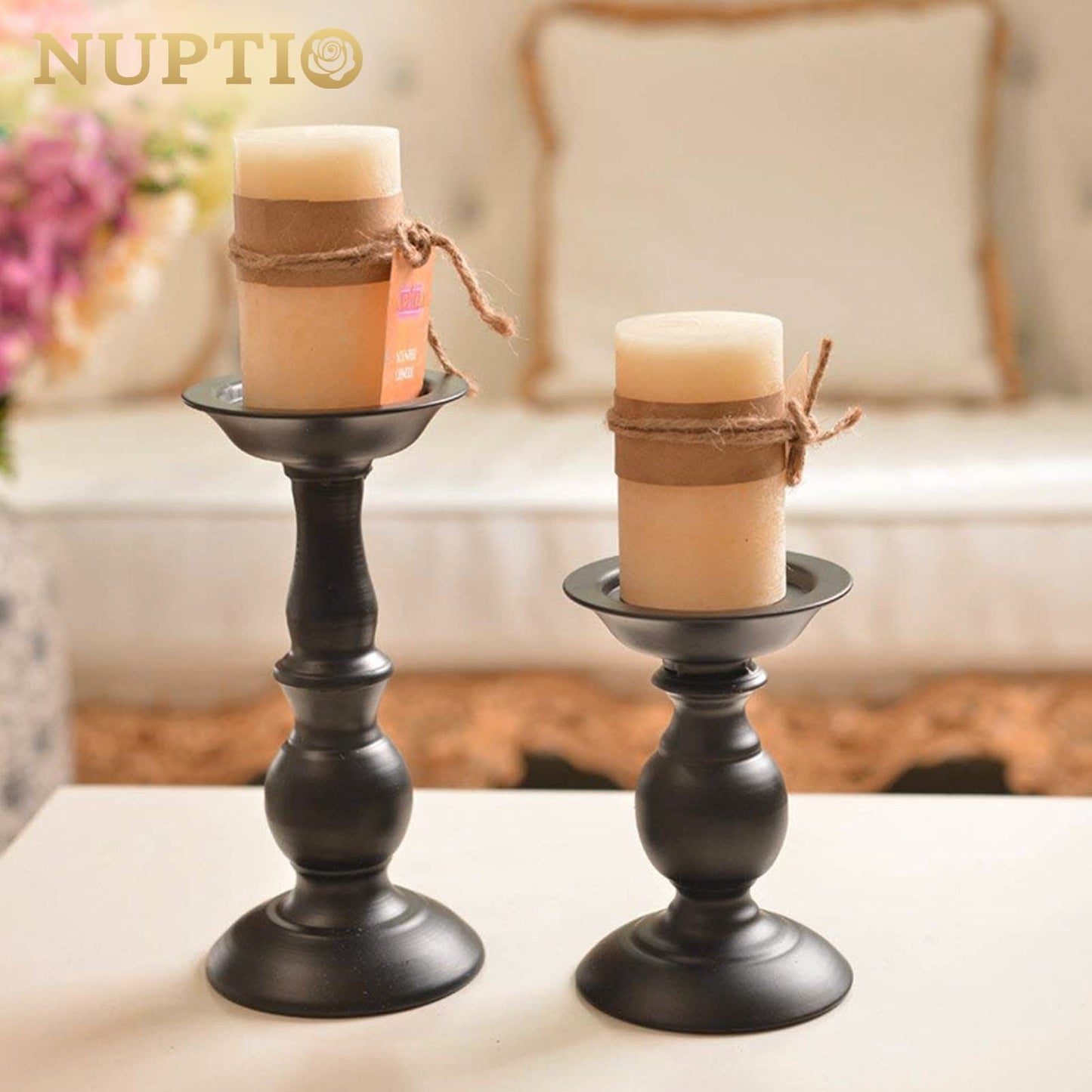 Nuptio Black Candle Holder for Pillar Candles - 2 Pcs Rustic Candle Holders Set Metal Candle Stand Tall Retro Fall Pillar Candleholder for Halloween Easter Farmhouse Fireplace Home Table Centerpiece