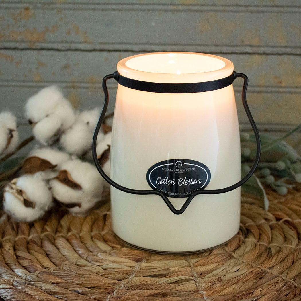 Milkhouse Candle Company Cotton Blossom Soy Candle - Cotton & Sea Grass | Dewy Violet | Powdery Musk Scented - 22 oz Butter Jar with Lid, 120+ Hours of Burn Time, Made in the USA