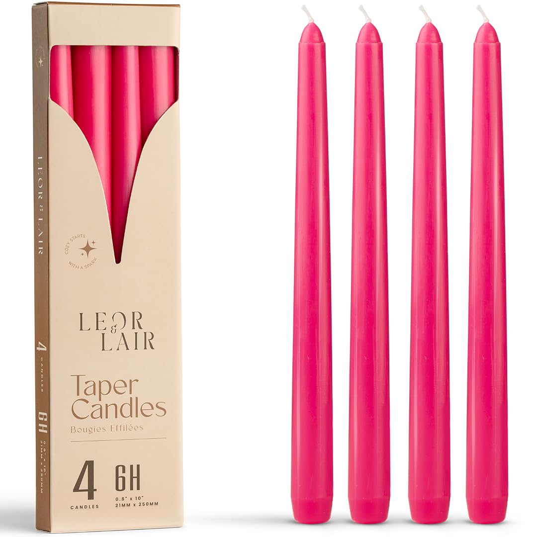 Leor & Lair Pink Taper Candles - 4 Pack 10" Hot Pink Candles - Unscented Long Burning Candlesticks for Birthday Parties, Summer Dining, Weddings & Home Decoration