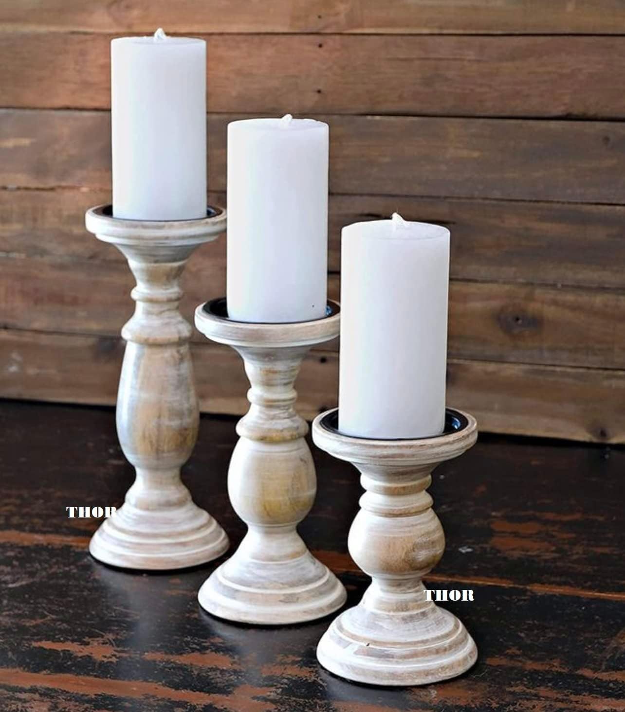 White WSH Candle Stands Wooden for Pillar Candles,Rounded Turned Colums, Sustainable Woods, Country Style Aromatherapy Candle Gardens Home décor - 6,8,10 Inch Set of 3