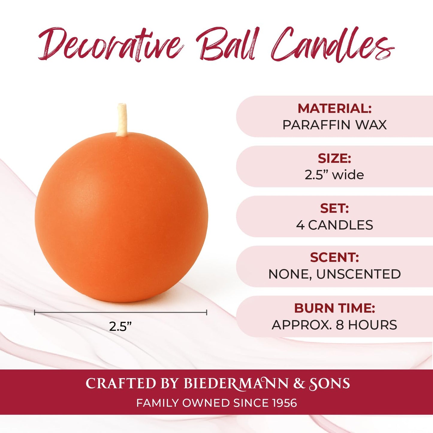 Biedermann & Sons Cantaloupe Round Candles (Set of 4), Unscented Dripless Balls, 2.5" Spheres, 8 Hour Burn, for Table Centerpieces and Seasonal Styling