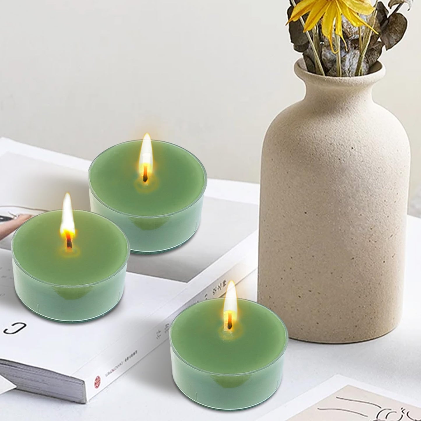 NJAO HOO 24 Pack Sage & Sea Salt Scented Tealight Candles 6 Hours Burn Grass Green Tea Candle Clear Cup Small Round Candle for Home Decor and Aromatherapy