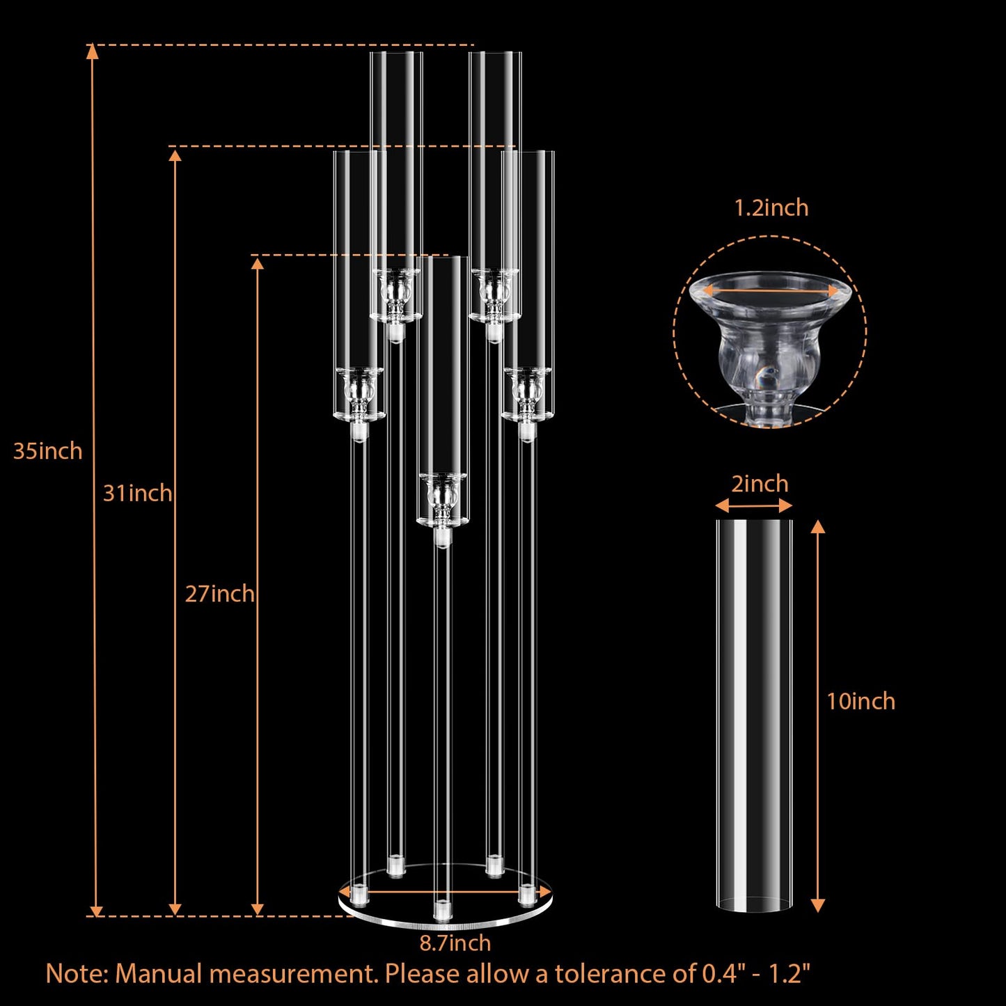 4Pcs 5 Arms Acrylic Candelabra Centerpieces for Tables Decortion,Clear Candle Holder for Wedding Dinner Fireplace Decoration,35 inches Tall Candlesticks Holder with Lampshade, Fits LED Candle