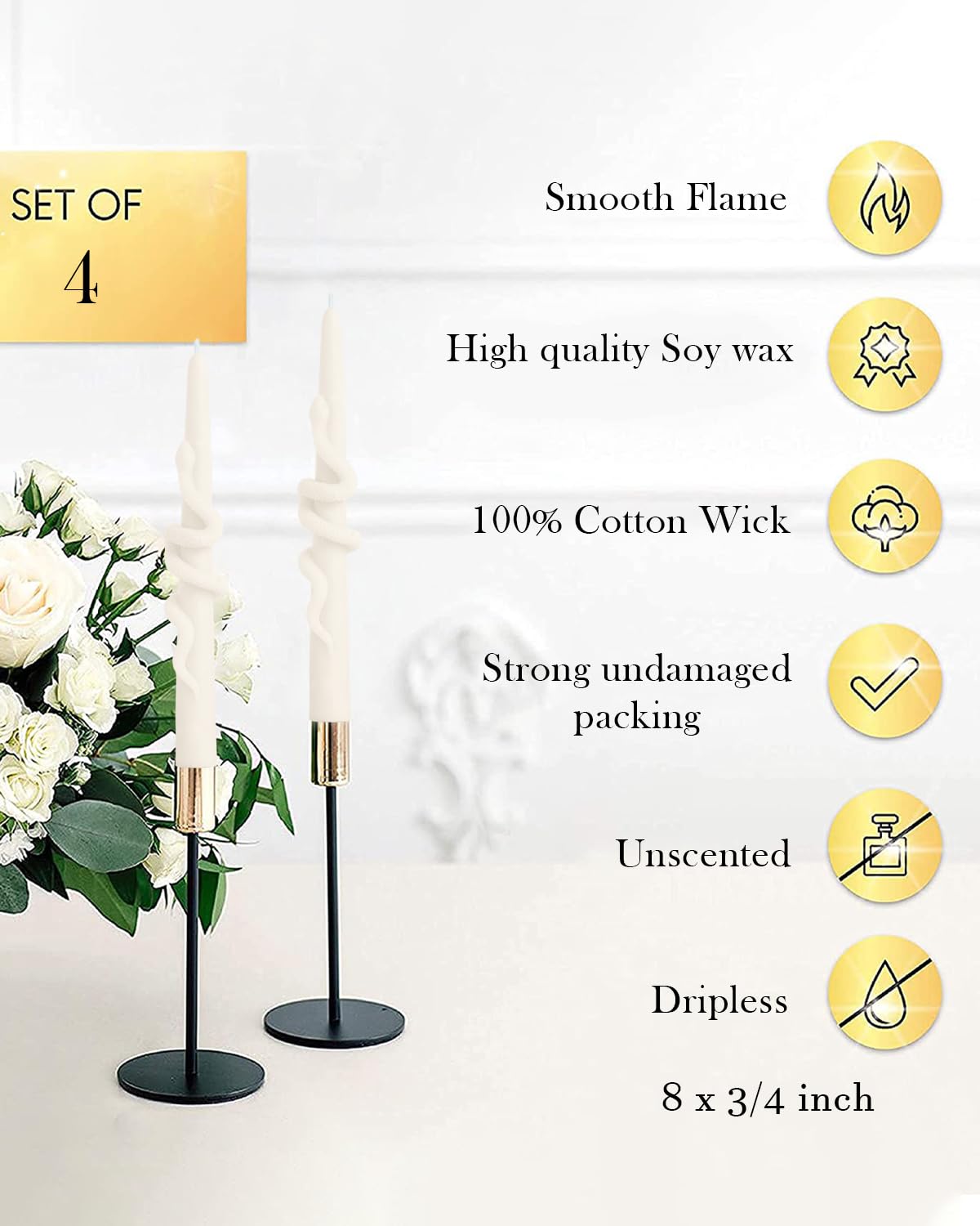 LPUSA Ivory Taper Candle Candlestick Snake Soy Candles Unscented Wedding Party Wax Unscented Dinner Candle Dripless,8 inch,Set of 4,Snake