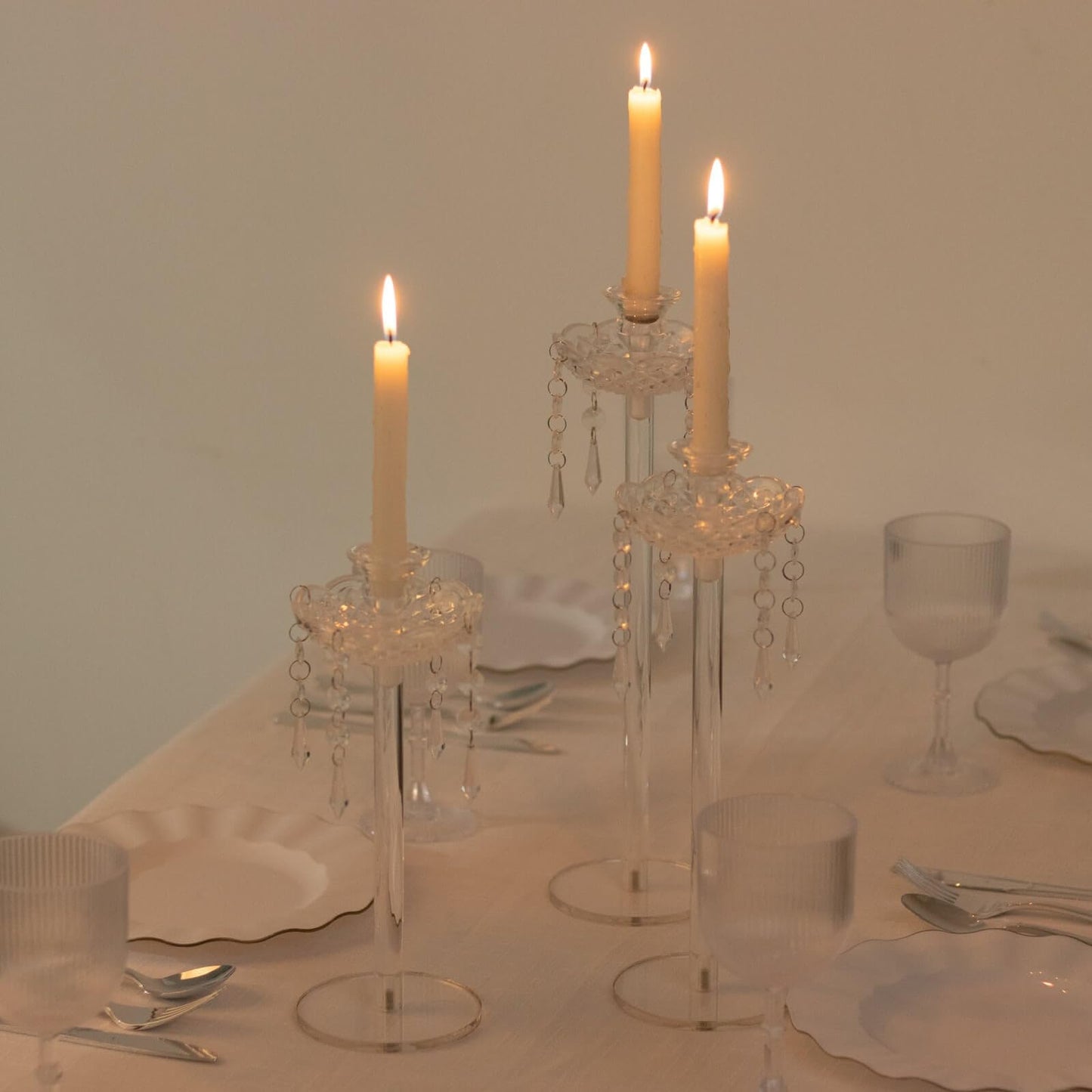 Efavormart Set of 3 Acrylic Candle Holders with Hanging Bead & Prism Accents – Taper Candlestick Stands - 11",13",15"