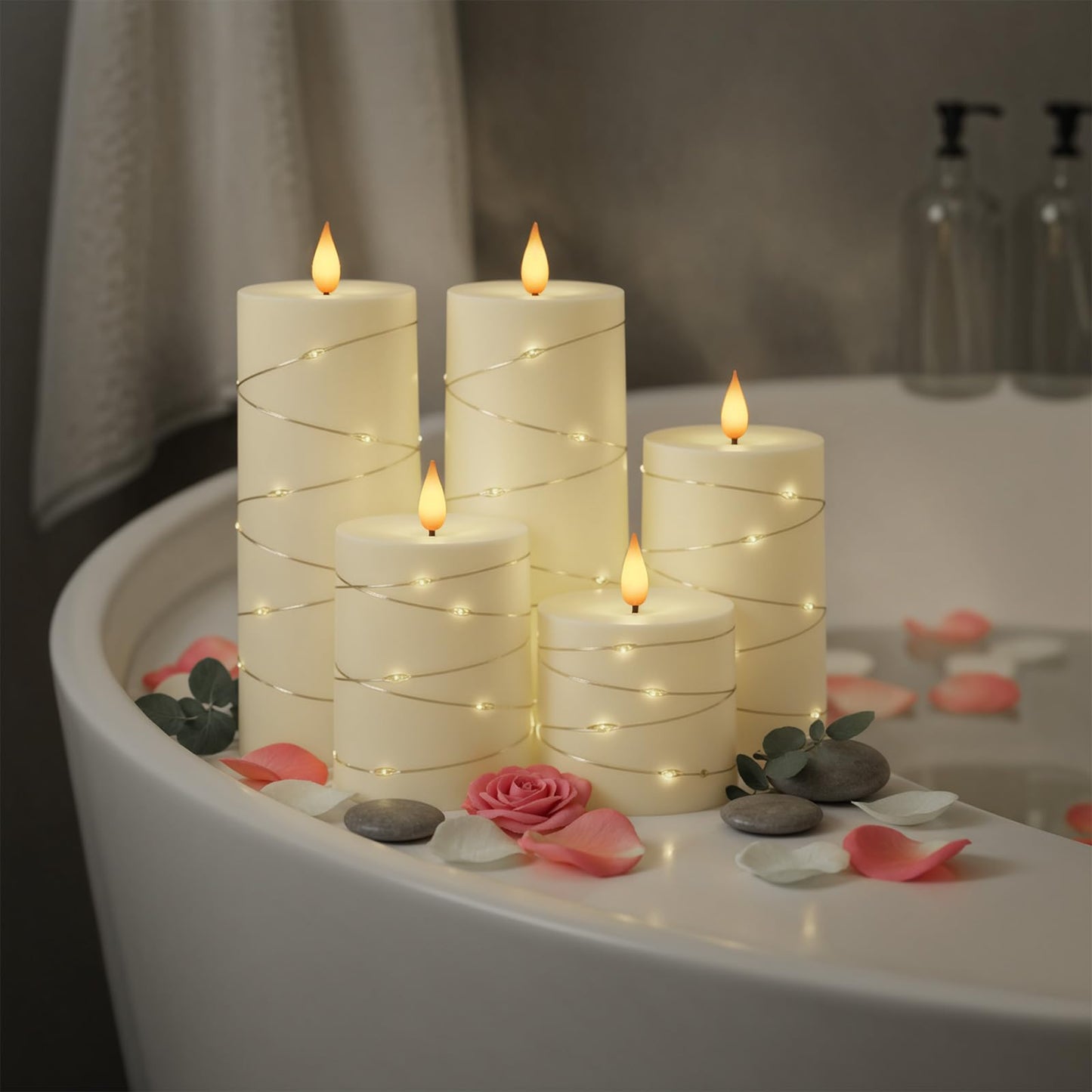 Raycare Flameless Candles with Remote Timer, Flickering Battery Operated LED Pillar Fake Candle with String Lights for Home Decor, Christmas, Wedding and Gift, Ivory, Set of 5
