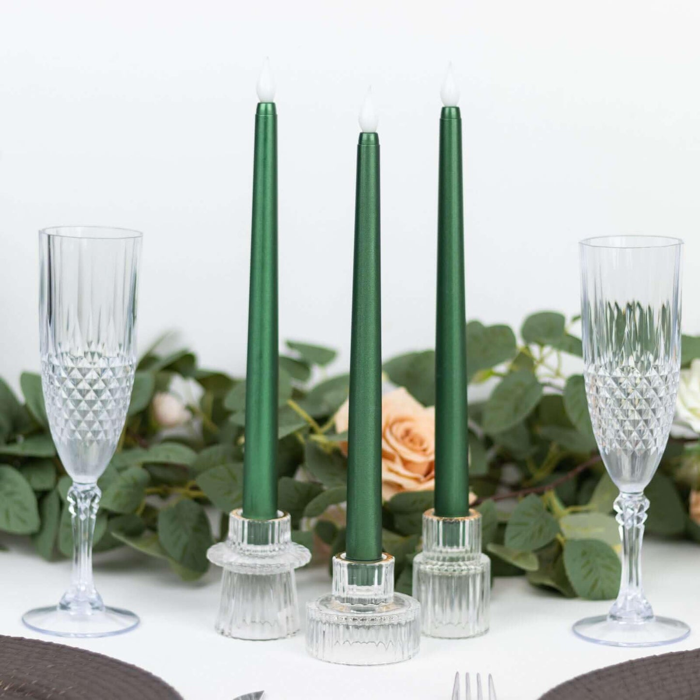 Efavormart Set of 3 | 11" Hunter Emerald Green Flameless LED Taper Candles, Warm Flickering Battery Operated Candles for Christmas & Forest Theme Decor