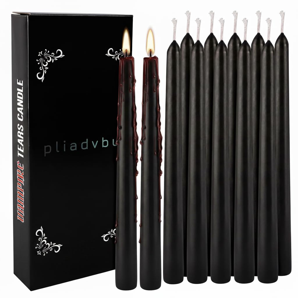 Pliadvbu 12PCS 10-Inch Black Bleeding Taper Candles,Vampire Tears Taper Candles- Unscented Ideal for Halloween, Christmas, Rituals, and Themed Party Decor