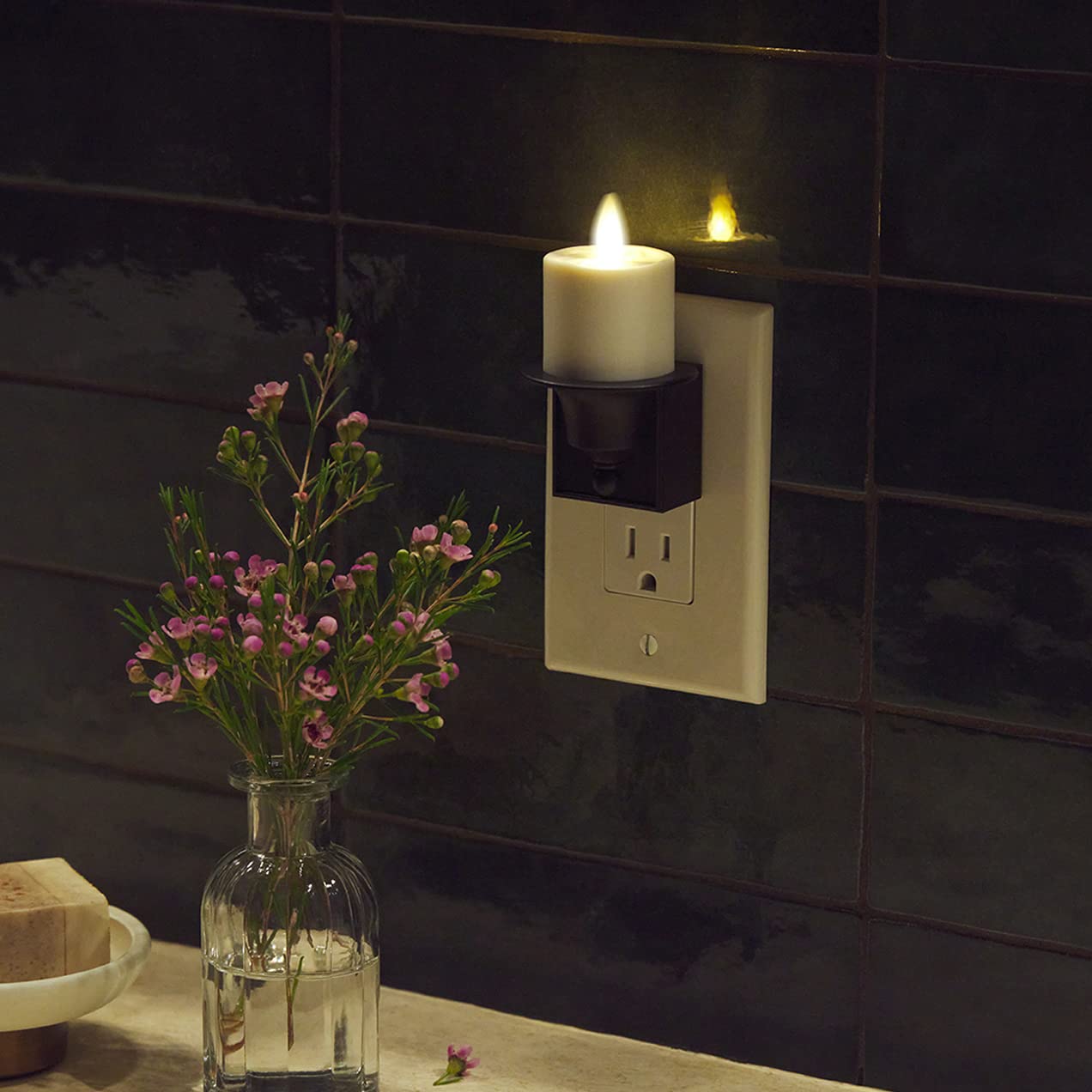 Luminara Flameless Candle Nightlight w/Dusk to Dawn Light Dark Auto Sensor, Black Wall Plug Indoor Night LED Light w/Real-Flame Effect Technology, Bathroom Bedroom Hallway, No Remote Needed