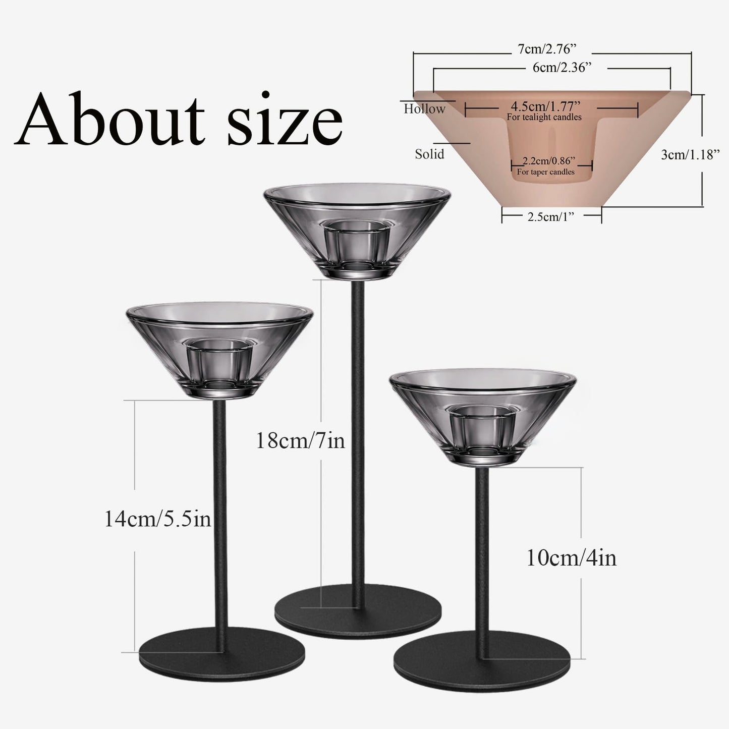Smytle Smoke‑Gray Candlestick Holders, Set of 3 Smoked Glass Candleholder Sets with Weighted Metal Base, Modern Minimalist Taper Candle Holders for Fireplace Mantel and Table Decor