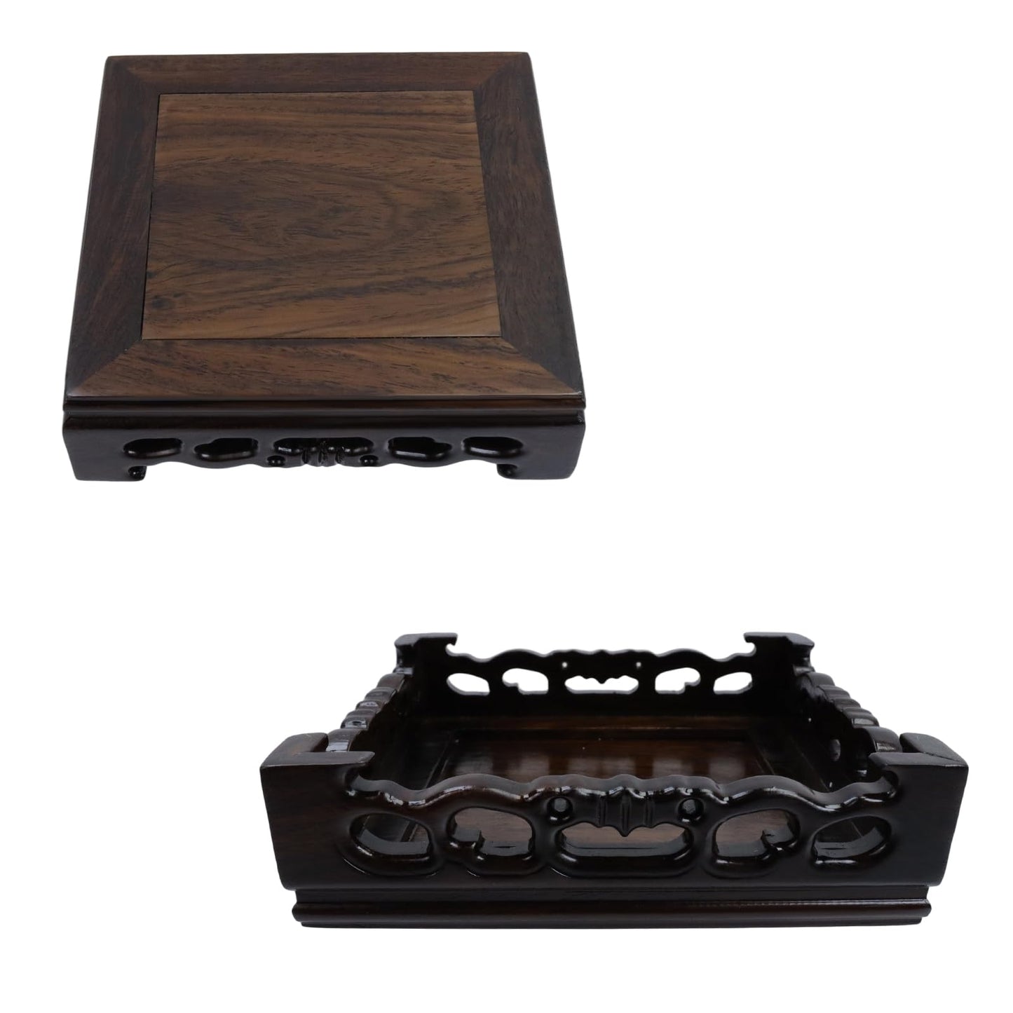 LC LICTOP Oriental Ebony Wood Display Stand, 5.5 Inch Square Wooden Pedestal Base, Carved Wood Riser for Vase, Teapot, Trophy, Fishbowl, Home Decoration