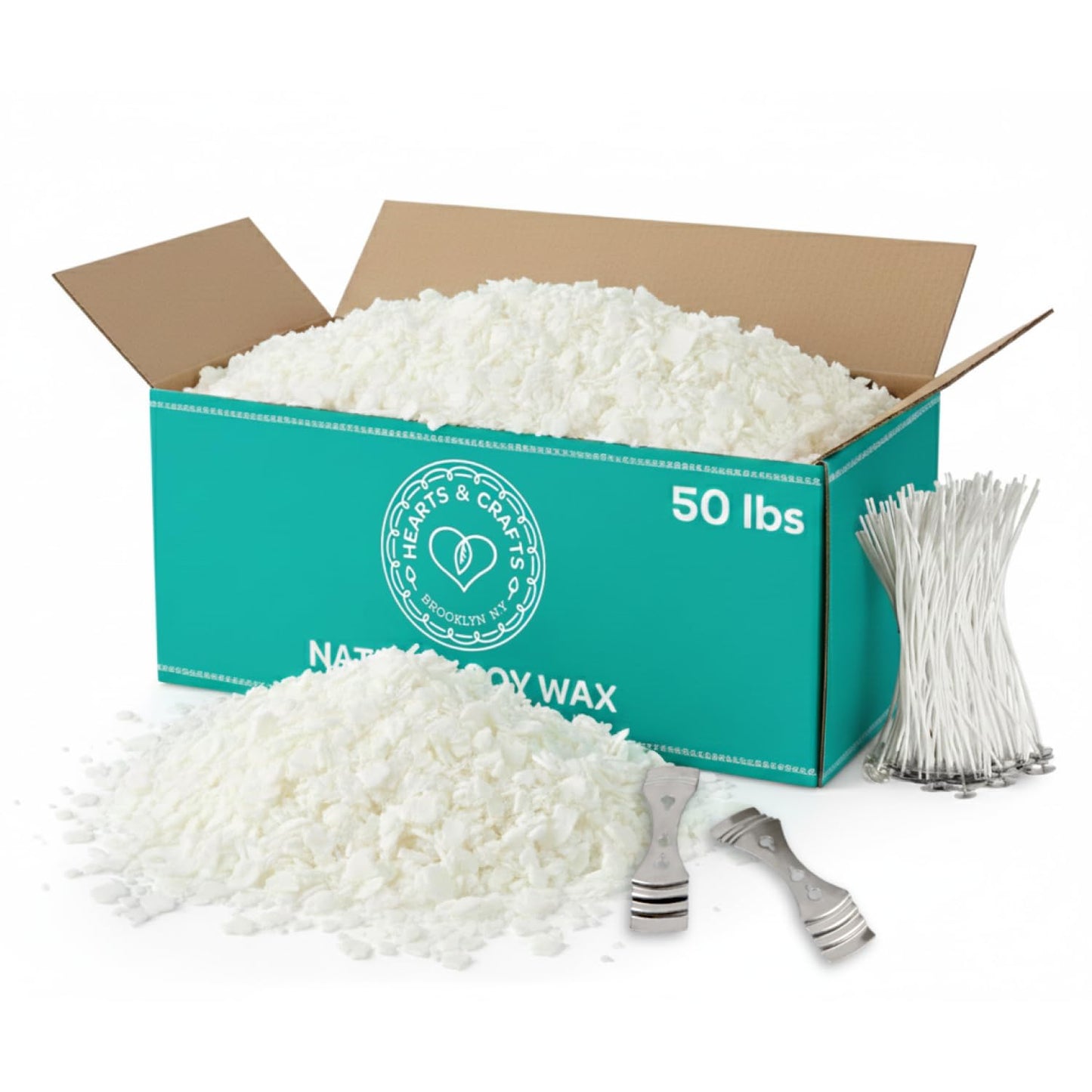 Hearts & Crafts Candle Making Kit - 50 lbs Soy Wax Flakes with 100 Pieces Pre-Waxed 6-Inch Wicks and 2 Metal Centering Devices - Premium DIY Candle Making Supplies