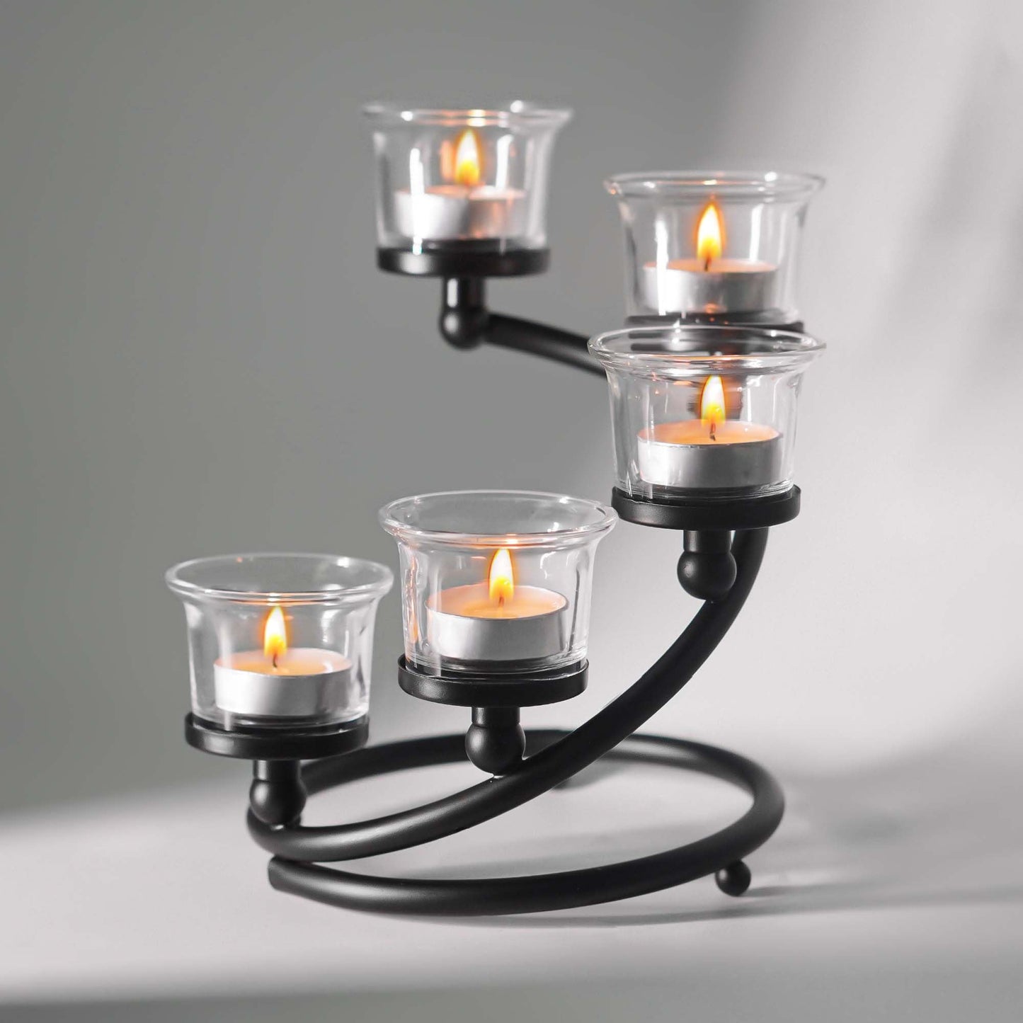 Kolnlala 1PC Clear Chunky 5 Cups Metal Tea Light Candle Holders for Table Centerpiece, Glass Votive Tealight Holders/Candelabra Candlestick Holders for Wedding,Party, Anniversary,Christmas(Black)