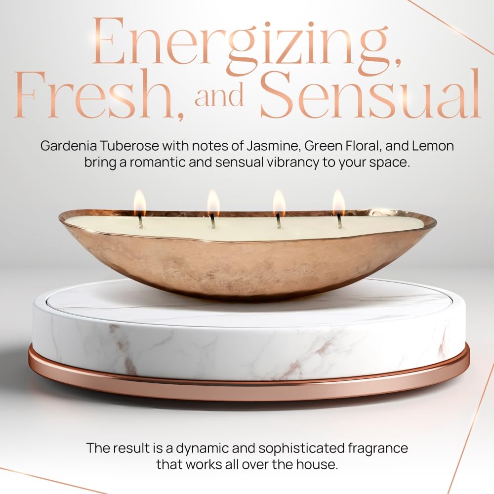 Dough Bowl Candle Co. Luxury Candle - Scented Luxury Candles for Home, 12x5x2 Inch Vessel for Women and Men, Fancy 4 Wick for All Occasions (Copper, Gardenia Tuberose)