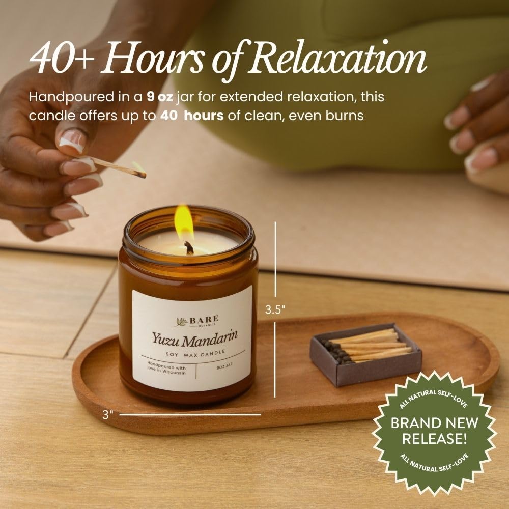 Bare Botanics Non-Toxic Unscented 9oz Soy Candle - 100% Plant-Based Fragrance Oils - Handpoured in WI - 40+ Hrs