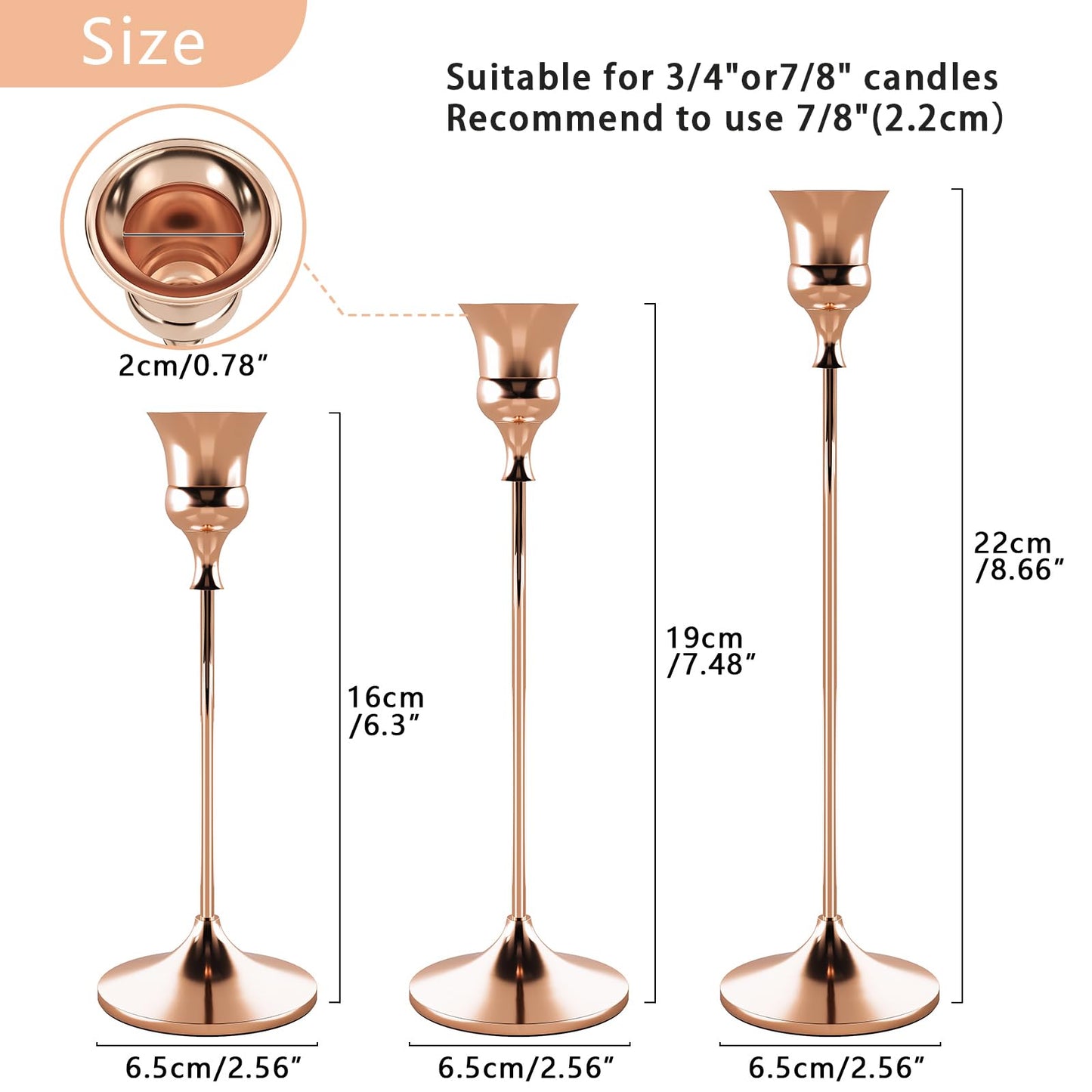 Showin Candlestick Holders Rose Gold, 3 Packs Taper Candle Holder for Candlesticks, Candle Sticks Holder Decor for Home Decor