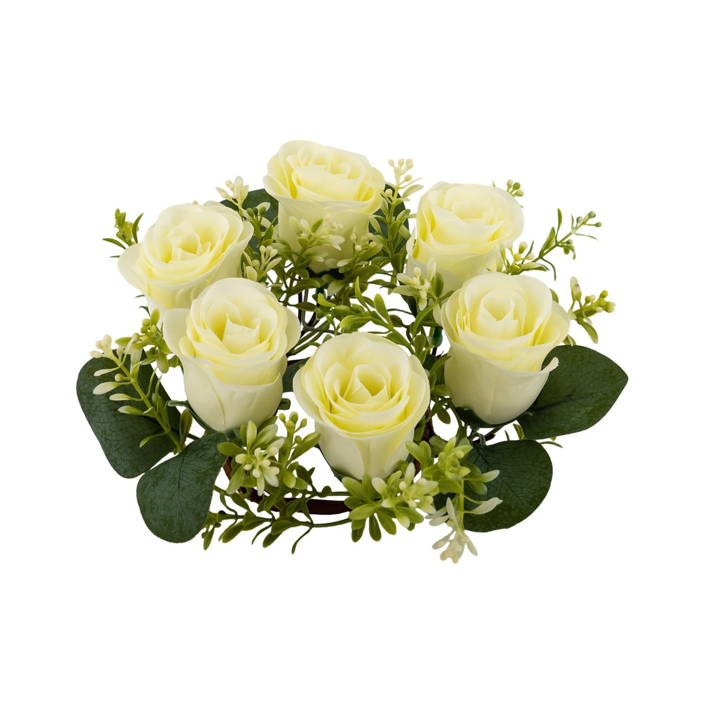 Candle Rings Wreath Centerpieces 10Pcs Cream Rose Candle Floral Wreaths 8.27In Artificial Flowers Rings Wedding Party Decor (Cream, Green)