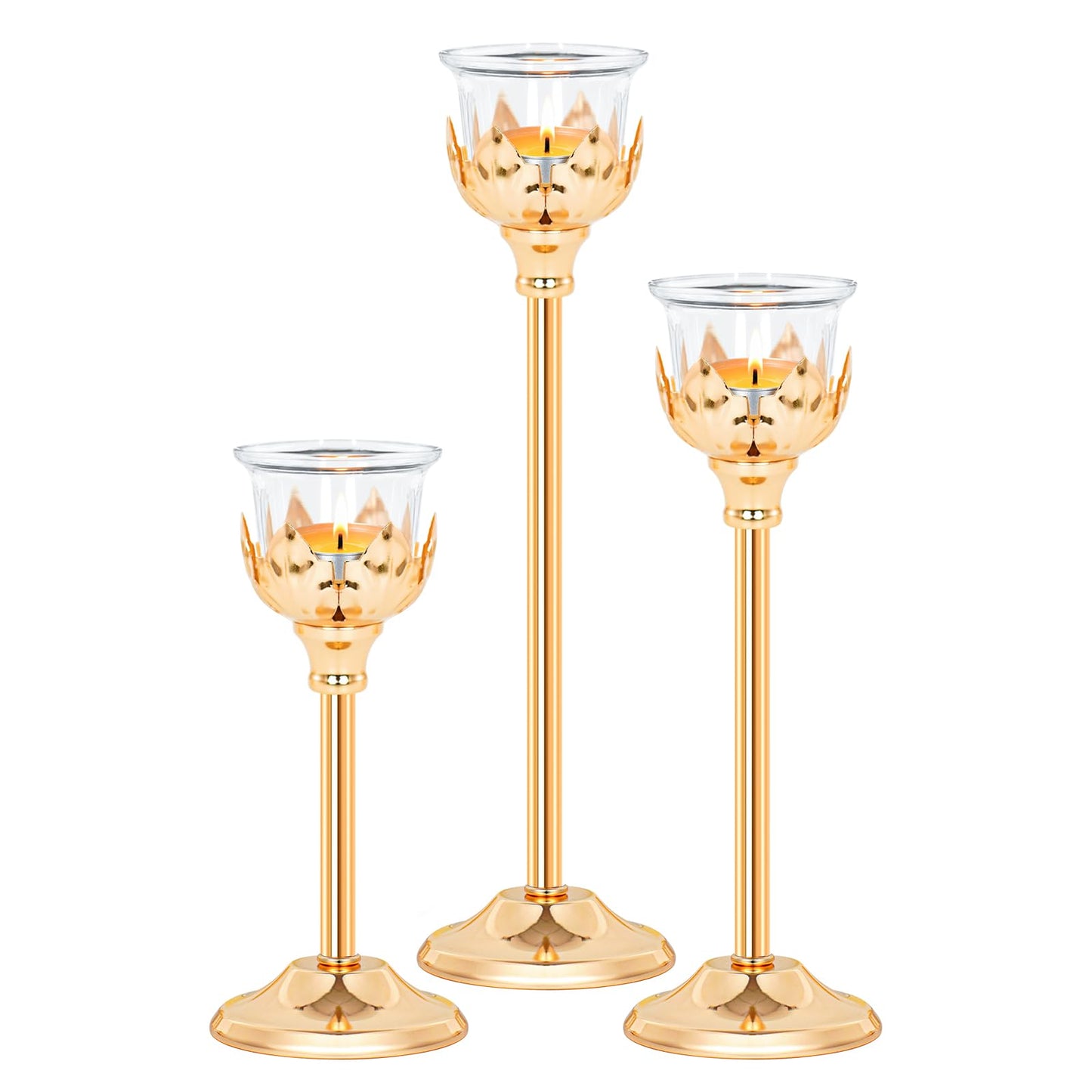 Set of 3 Metal Tea Light Candle Holder with 3 Glass Cups, 12/10/8 Inch Elegant Tealight Candelabra Centerpiece for Wedding Table Decor, Tiered Home Party Decoration (3, Gold)