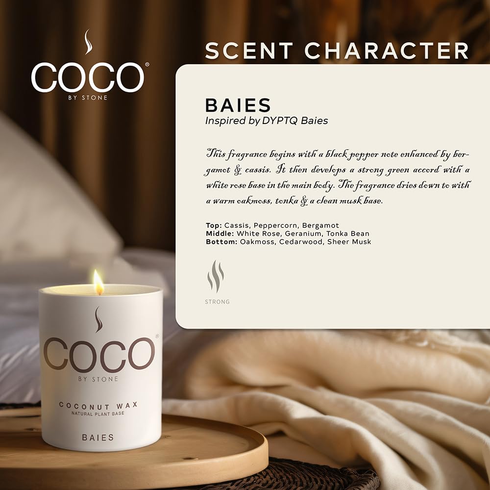 COCO by Stone 6.5oz Candle, Coconut Apricot Wax Candle for Home (Baies), Home Fragrance Product, 1-Wick Candle, Enhances Indoor Aroma, Vegan & Cruelty-Free, Clean Burning, Hand-Poured