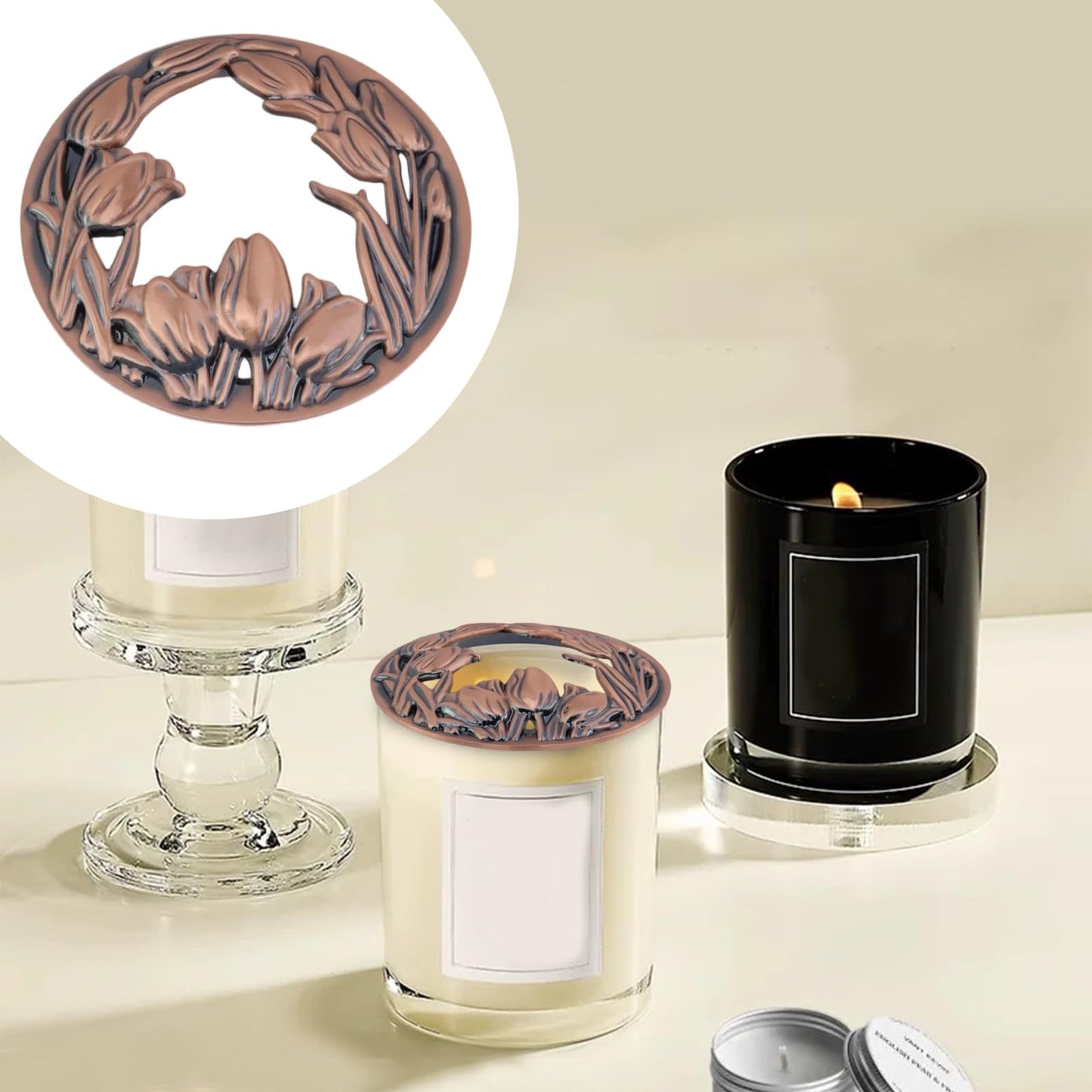 Tsnamay Zinc Alloy Lid Jar Candle Topper, Copper Flowers Jar Lid Candle Toppers to Burn Evenly Home Decor Accessories Candles Shades Sleeves Cover Top Lid