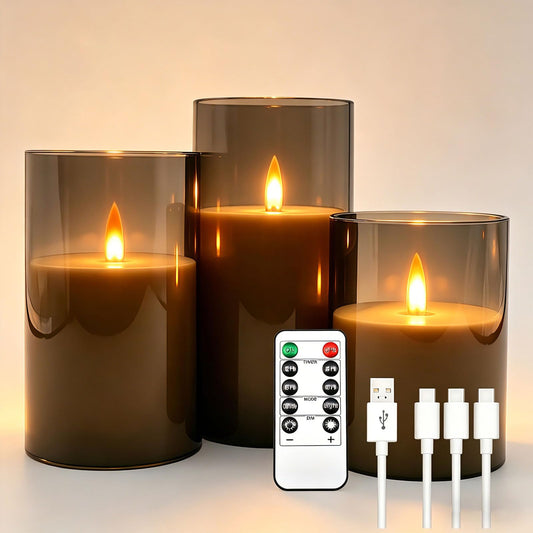 3 Pack Upgraded 1800mAh Rechargeable LED Candles, Flameless Flickering Candle with Type-C Charging, 3-in-1 Cable & Remote Control, Dark Gray Transparent Shell for Home Wedding Christmas Decor