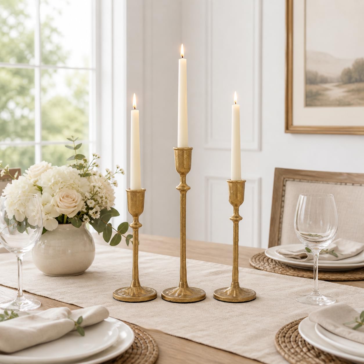 PUKUPIG Candlestick Holders, Set of 3 Taper Candle Holders with Heavy Duty Weighted Base, Matte Brass Gold Metal Stands for Wedding, Mantel & Table Decor, Fits 3/4" & 7/8" Candles