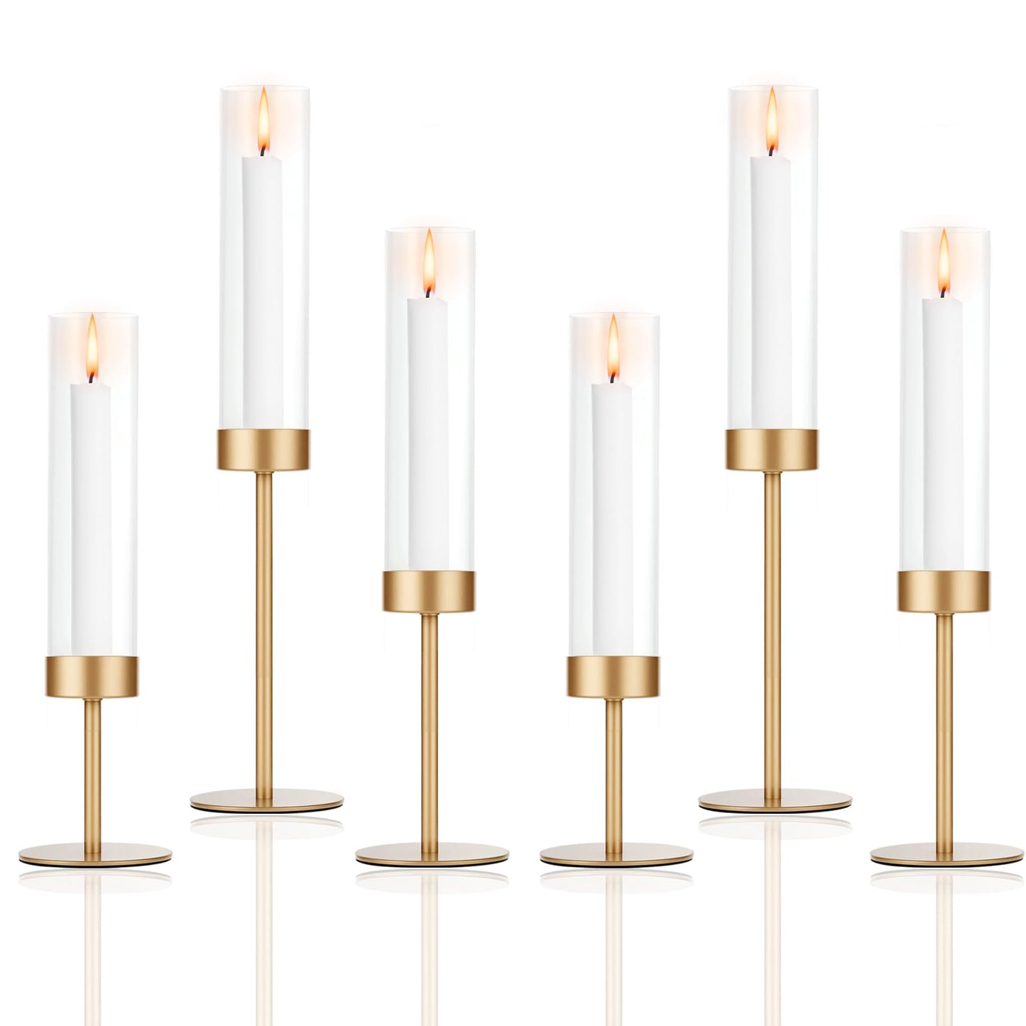 POKINE Set of 6 Gold Candle Holders, Tall Hurricane Candlestick Holders with Glass for Taper and Pillar Candles, Home Decor for Wedding, Christmas, Party, Anniversary, Dining Table