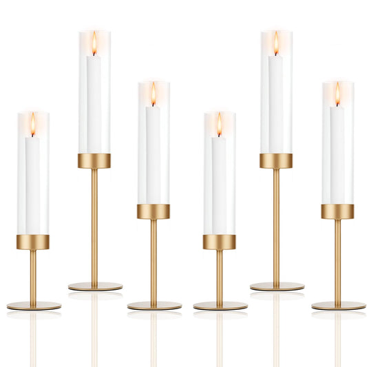 POKINE Set of 6 Gold Candle Holders, Tall Hurricane Candlestick Holders with Glass for Taper and Pillar Candles, Home Decor for Wedding, Christmas, Party, Anniversary, Dining Table