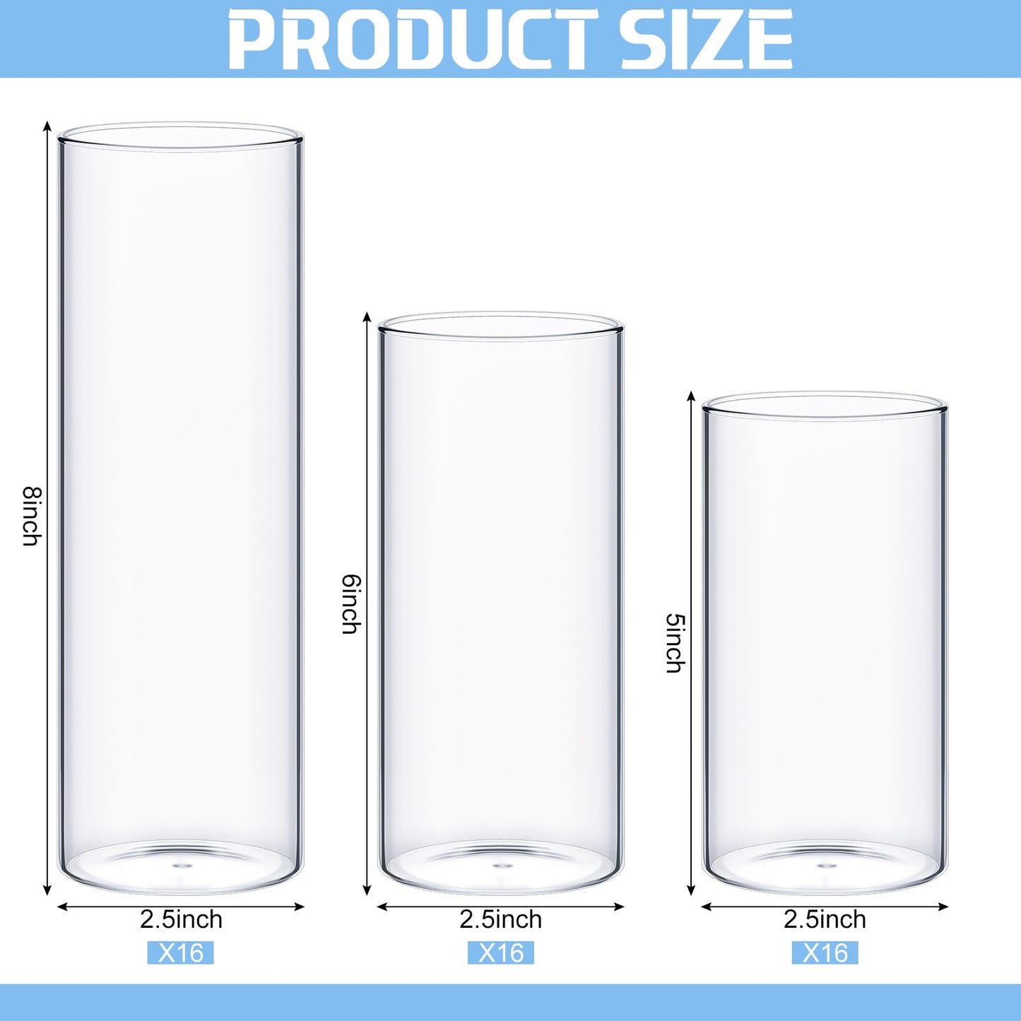 Didaey 48 Pcs Thin Cylinder Vases Set for Centerpieces 2.5'' Diameter 2mm Thickness Clear Glass Vase Hurricane Floating Candle Holder for Wedding Table Decoration (2.5'' X 5'',6'',8'')