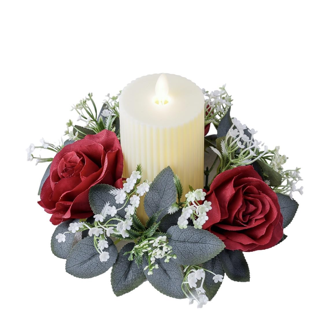2 Pack Christmas Candle Rings Wreaths,Artificial Rose Floral Wreaths with Eucalyptus Leaves Greenery Small Wreath for Pillar Cabinet Wedding Centerpiece Party Home Table Decor (Red)
