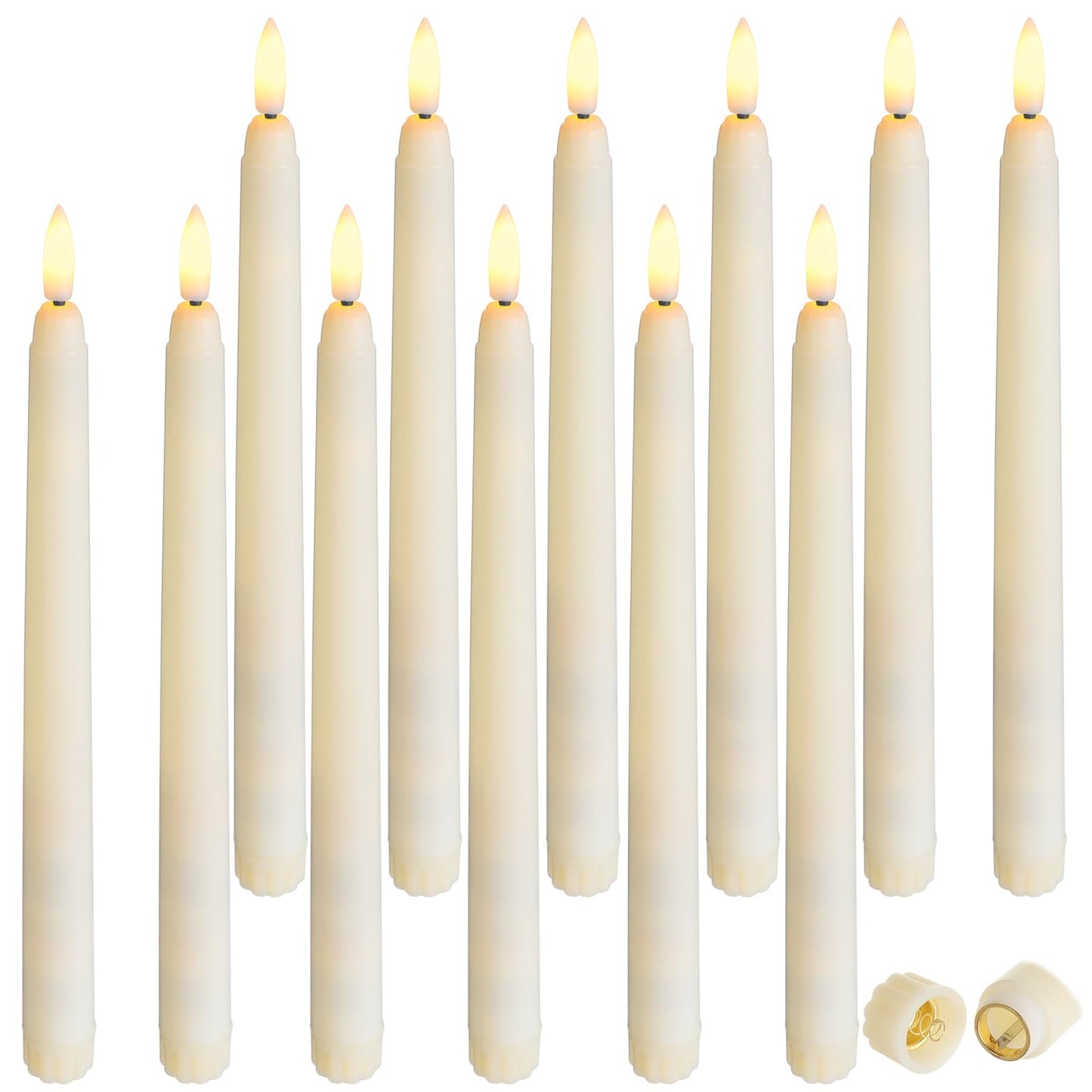 Baquler 12 Pcs Flameless Ivory Taper Candles Bulk Flickering LED Candles Taper Warm White Light LED Candlesticks for Christmas Wedding Home Decoration No Remote Control, 9.6 Inch