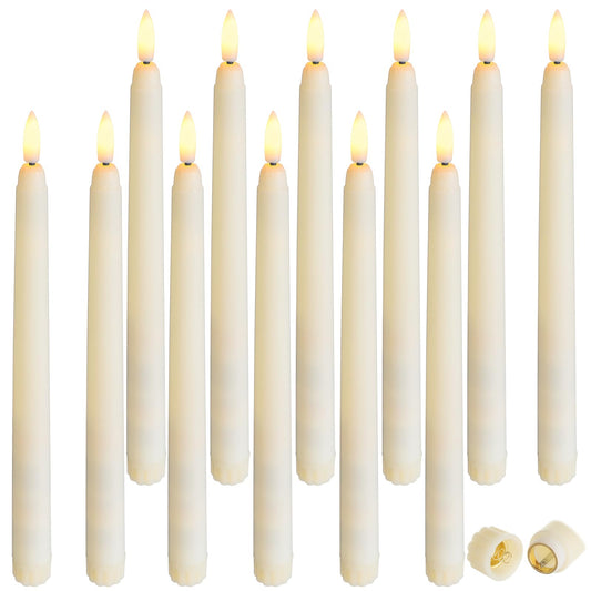 Baquler 12 Pcs Flameless Ivory Taper Candles Bulk Flickering LED Candles Taper Warm White Light LED Candlesticks for Christmas Wedding Home Decoration No Remote Control, 9.6 Inch