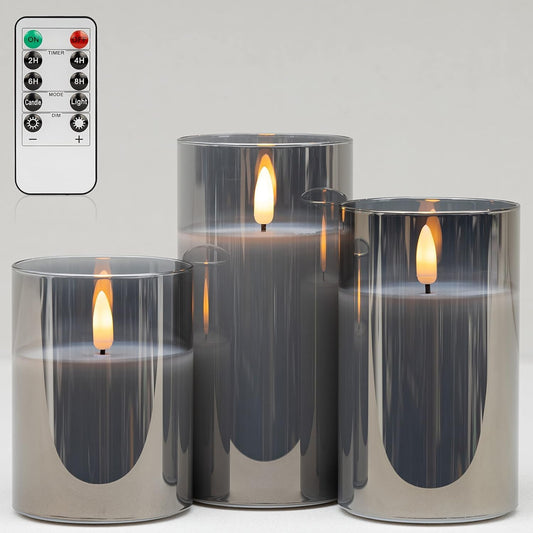 Mingfuxin Flameless Candles, Battery Operated Candles LED Pillar Glass Candles with Remote 10-Key Control and Timers for Indoor Party, Wedding,Tabletop Halloween Decorations, H 4" 5" 6", Set of 3