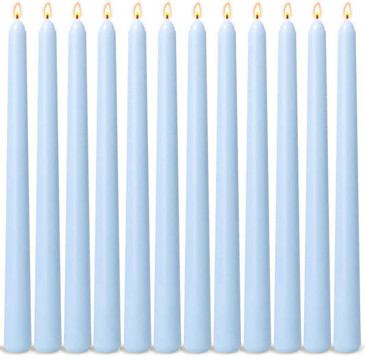 12-Pack Ice Blue Taper Candles, 10 Inch Unscented Dripless Candlesticks, Long-Lasting Burn Time of 7-8 Hours, Perfect for Home Décor Weddings Babyshower and Events