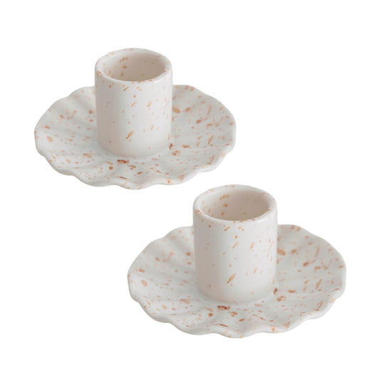 VIRFONOR Ceramic Taper Candle Holders for Table Centerpiece, Decorative Candlestick Holders for Home Wedding Party, Housewarming Gifts, Pack of 2, Round Shape, White with Brown Splatter Ink Design