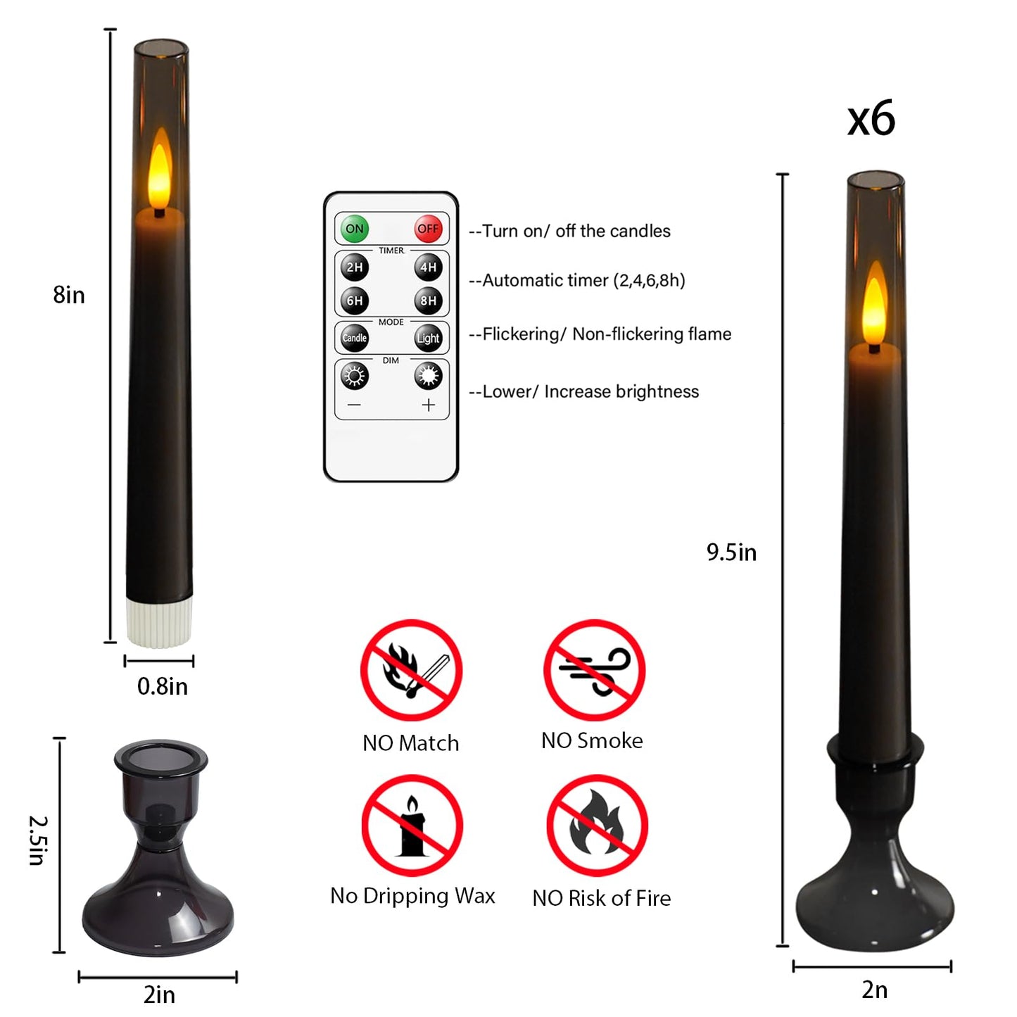 Lezonic Flameless Windows Candles Battery Operated with Timer Remote, 6Pcs Grey Acrylic Flameless Candlesticks with Holders, LED Taper Candles Flickering for Halloween Christmas, 0.8 x 8 inches