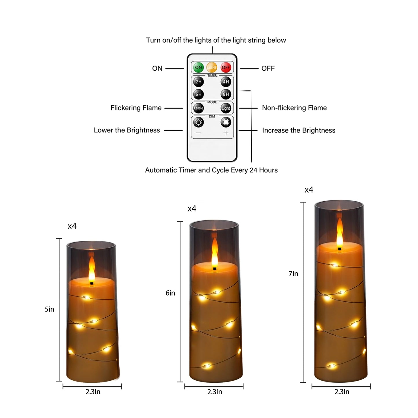 Flameless Candles with Embedded Star String, 12 Pcs Battery Operated LED Pillar Candles with Remote and Timer, Suitable for Home Decor, Party, Christmas & Wedding (Grey)