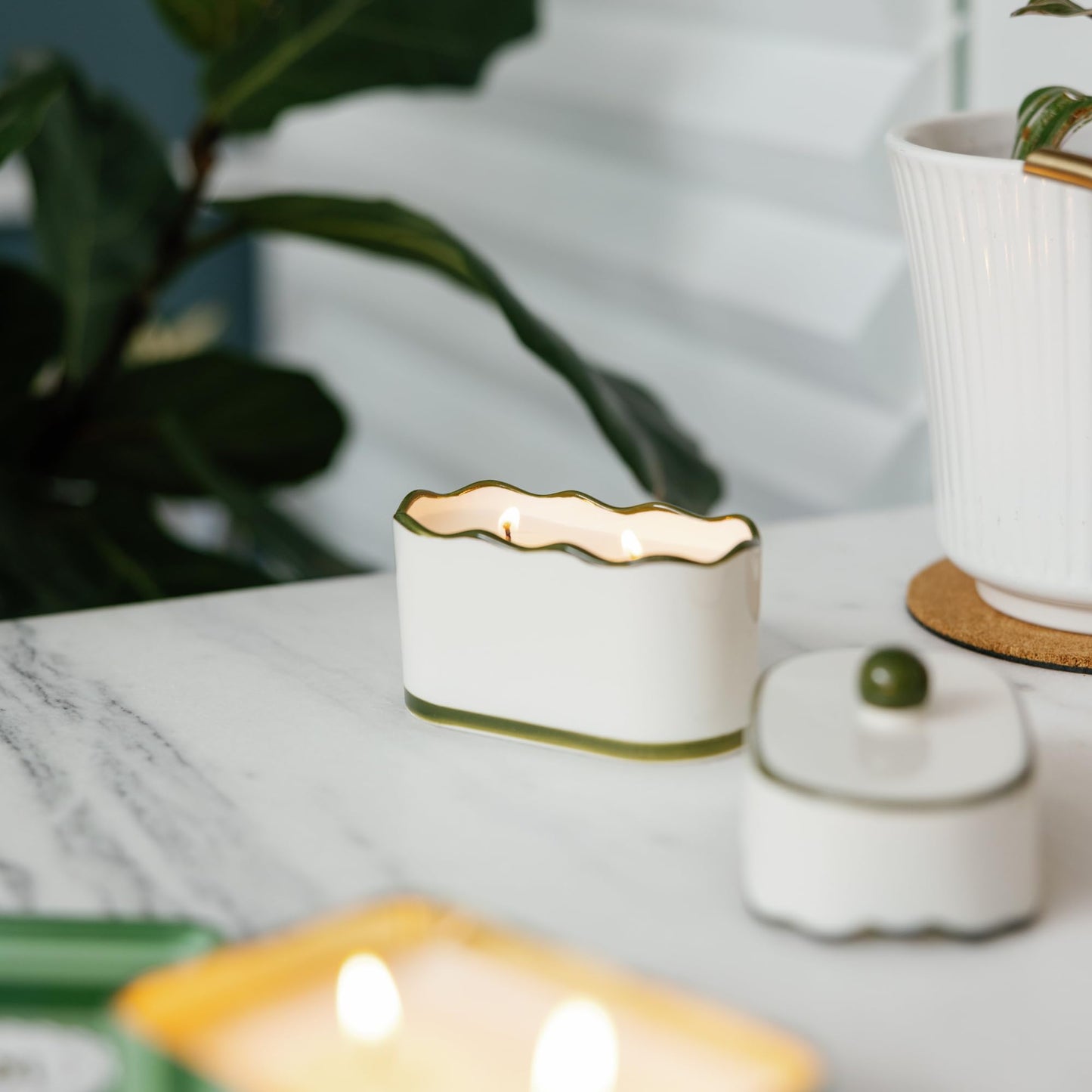 Paddywax CHÉRIE Ceramic Dish Candle, Soy Wax Candle, Poured with Love Ceramic Jar with Scalloped Lid, Reusable Vessel, 5.5 oz, Smoked Pistachio