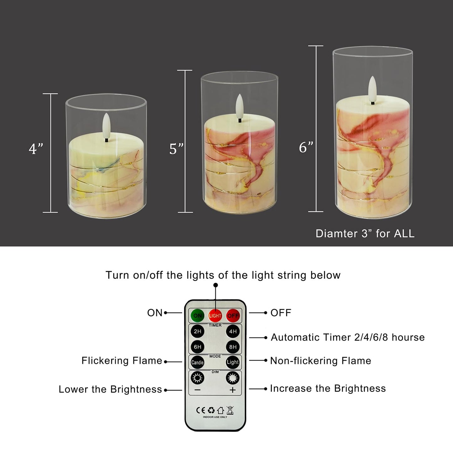 Flickering Flameless Candles Pink Marble Embedded Star String Lights, Battery Operated Acrylic LED Pillar Candles with 11-Key Remote and Timer for Home Decoration, 3 Pack