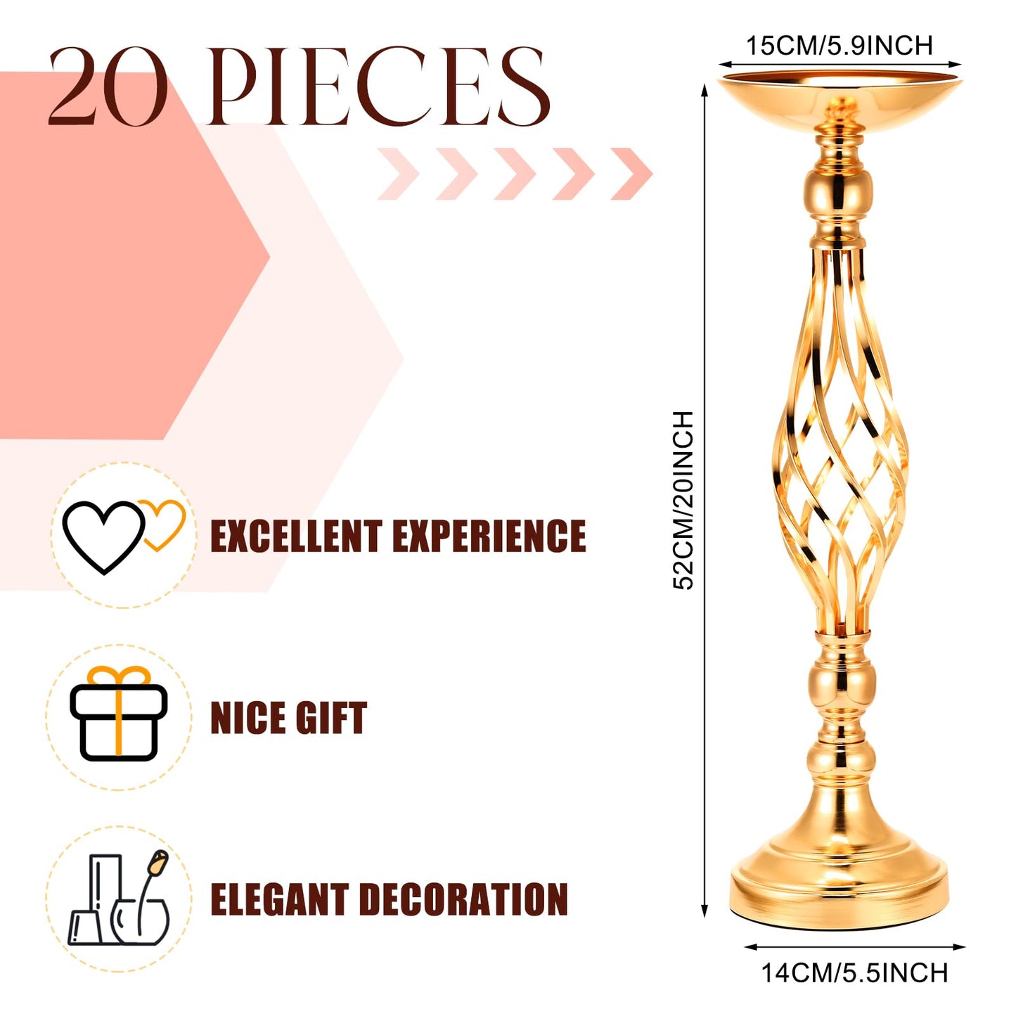 Rtteri 20 Pcs Metal Flower Arrangement Stand Wedding Flower Centerpieces Stand Elegant Metal Vase Candelabra Candle Holder for Wedding Reception Table Decor Party Hotel Home Decor (Gold,Medium)