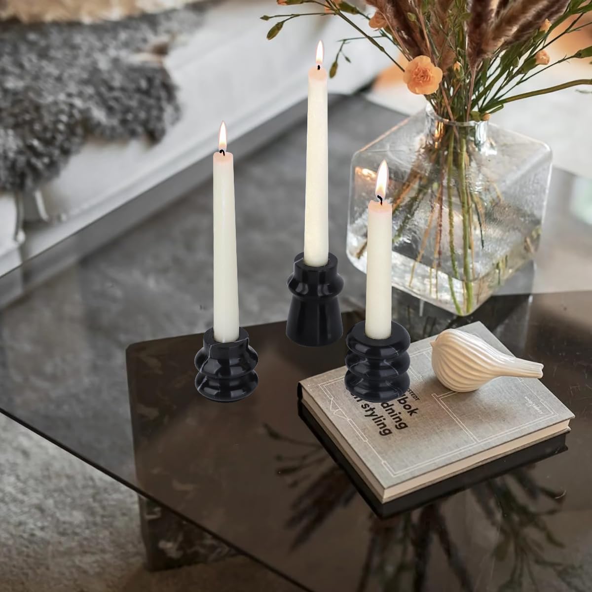 Vixdonos Marble Candle Holder Set of 3 Taper Candle Candlestick Mantle Candle Stand for Home Decor,Wedding,Party and Table Centerpieces(Black)
