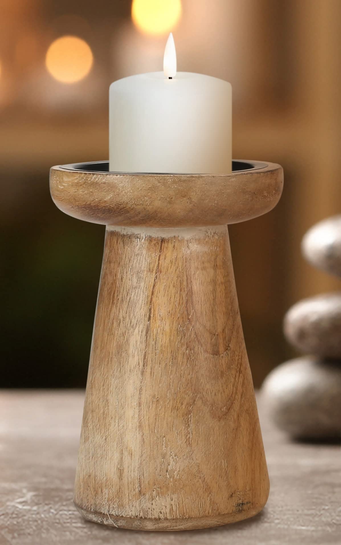 Hand Crafted Wooden Pillar Candle Holder Set of 3, Ideal for LED and Pillar Candle, Gift for Wedding, Christmas, Party, Home, Spa, Reiki, Aromatherapy, Votive Candle Garden - 10,8,6 Inch - White Wash