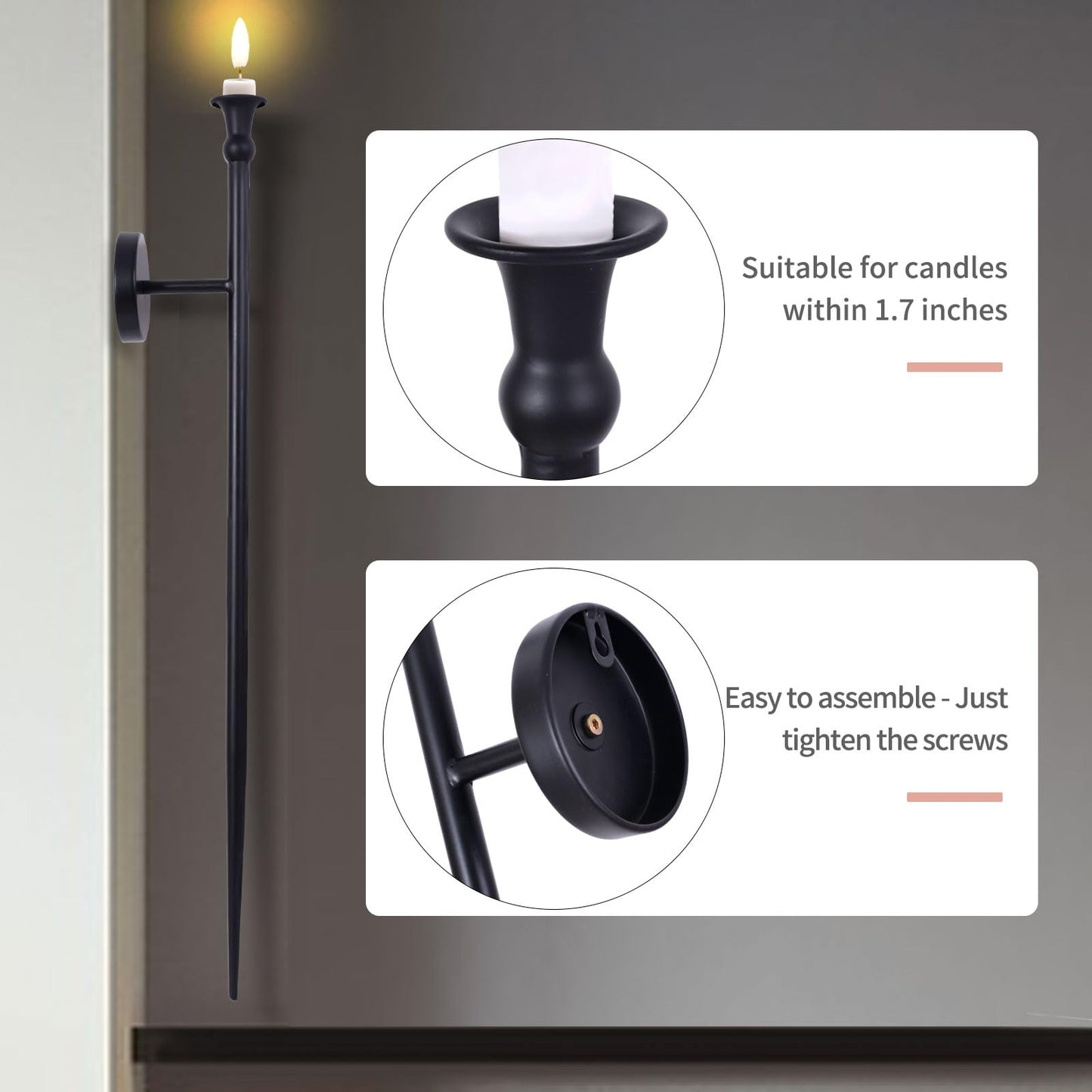 Candle Sconces Long Wall Candle Holder - 33" H Set of 2 Black Long Wall Candle Sconce Retro Chic Wall Sconces Candle Holder Decoration for Dining Room, Living Room, Office, Bathroom