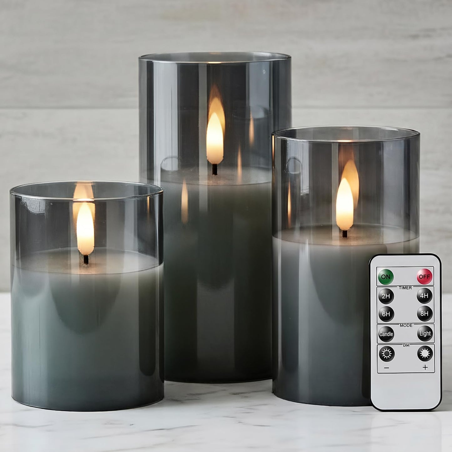 GenSwin Glass Flameless Candles with Remote Battery Operated Flickering LED Pillar Candles Real Wax 3D Wick for Wedding Festival Home Decoration(Gray,Pack of 3)