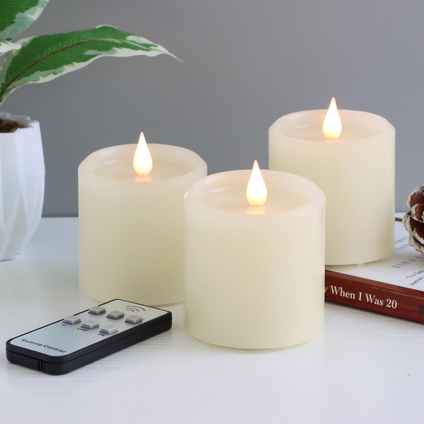 Kuandawei Flameless Candles with Timer, Flickering LED Candles Battery Operated with Remote, 3D Moving Flame, Real Wax 3" x 3" Electric Fake Candle for Home Party Decorations, 3 Pack