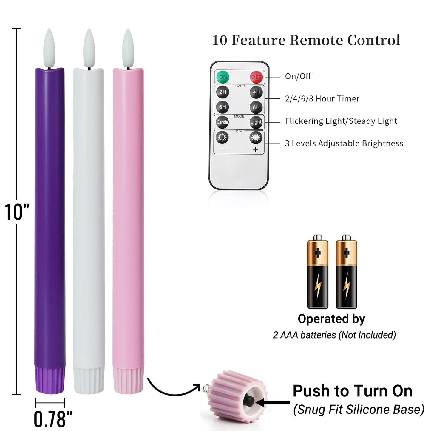 Stmarry Flameless Advent Candles, Set of 5 - Flickering LED Flame, 10 Inch Taper Candlesticks, Remote Controlled - 3 Purple, 1 Pink, 1 White for Christmas Wreath