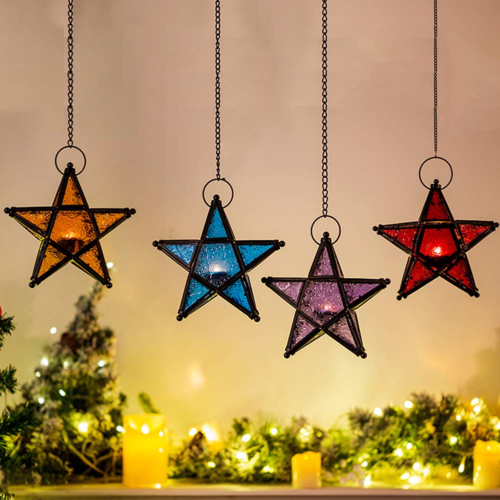 Stunning Star Glass Votive Tea Light Candle Holder Hanging Lighting Lantern Wedding Birthday Party Home Garden Decoration (Blue)