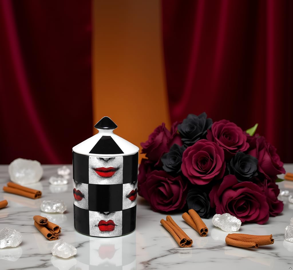 AlphaDesignLuxe Decorative Candle Holder Handcrafted Aromatherapy Candle Jar Italian Designer Décor Fashionable Tabletop Vase Modern Art Female Face Eyes Lips Centerpiece. (Red Lips Black Squares)