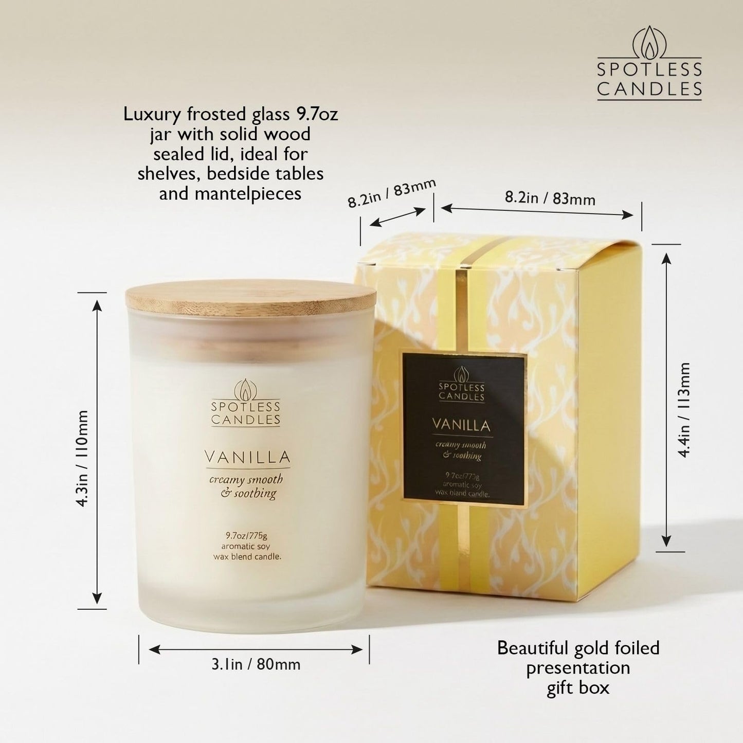 Vanilla Candle; 275g, 55 Hrs Burn Time, Soy Wax White Frosted Jar with Crackling Wooden Wick & Luxury Gift Box: Vanilla Scented Candle by Spotless Candles
