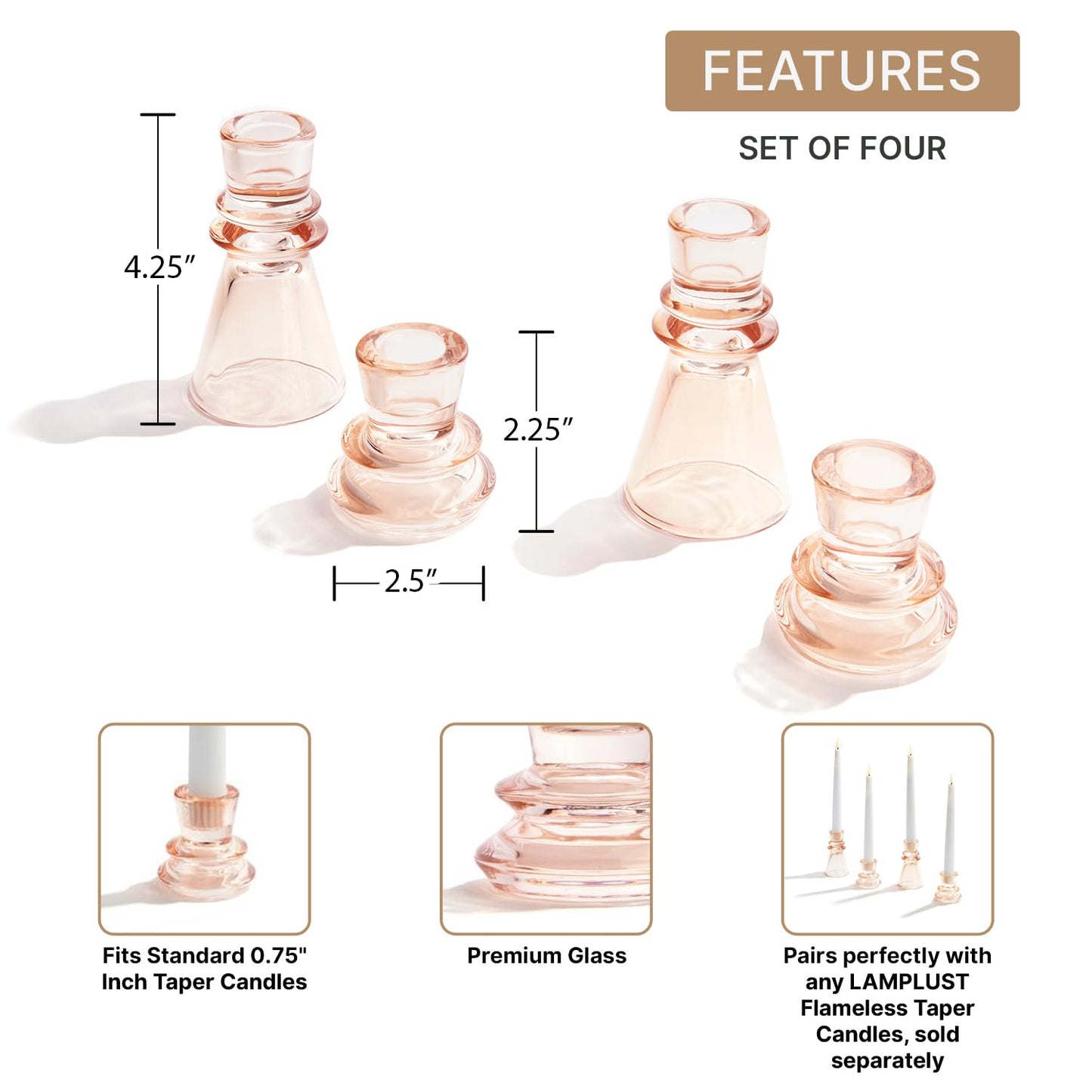 LampLust Taper Candle Holders, 4 Pack, 2 & 4 Inch, Pink Glass Candle Holders, Fits Standard Taper Candles, Decorative Candlestick Holders for Table Centerpieces, Wedding & Home Decor